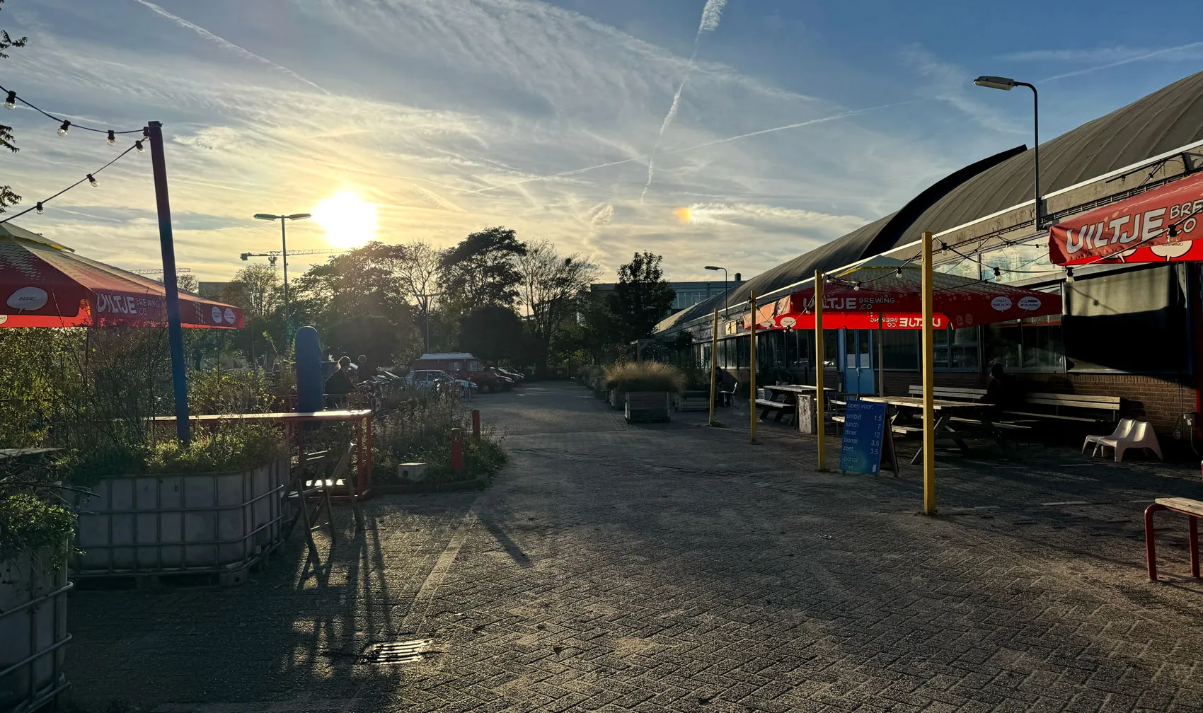 terras met lichtslingers en parasols bij zonsondergang